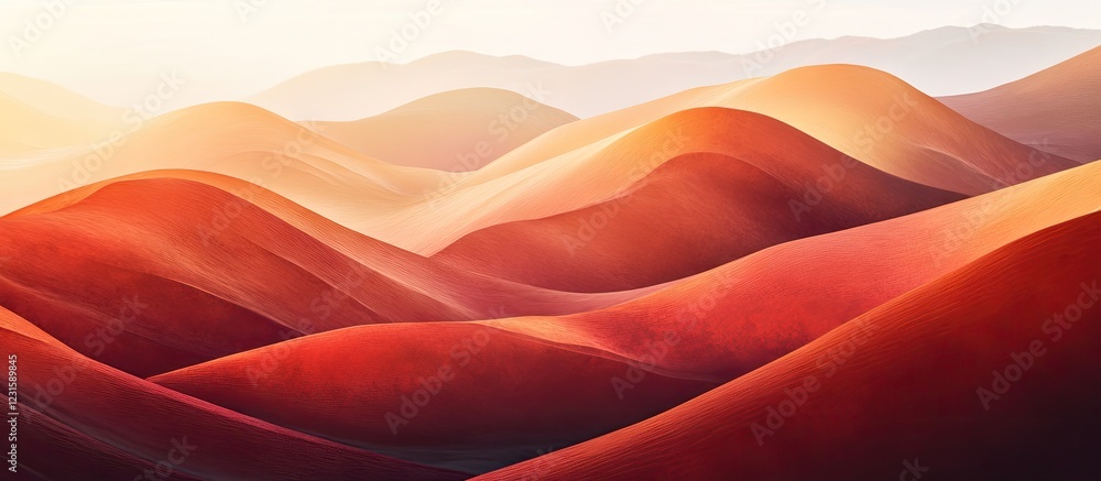 Poster warm-toned abstract landscape featuring undulating orange and red hills under soft sunlight, with so