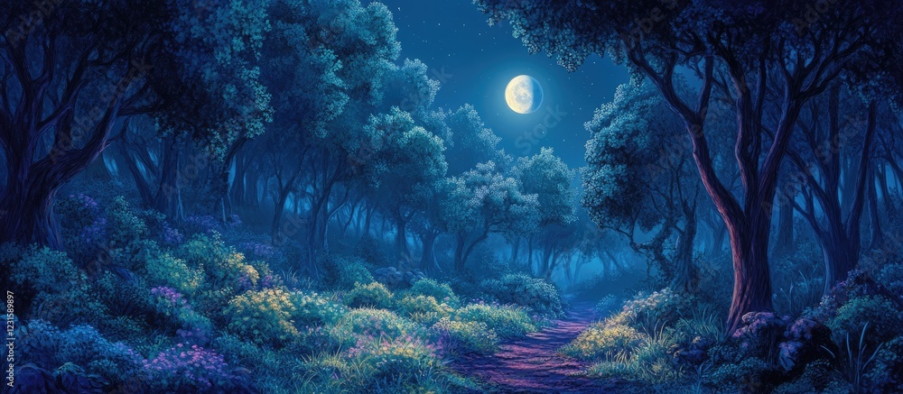 Aufkleber serene night forest bathed in moonlight with blue hues illuminating lush trees and shadows creating 