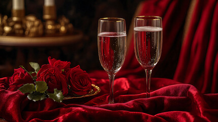Elegant champagne glasses on a rich red fabric with roses for a romantic celebration.
