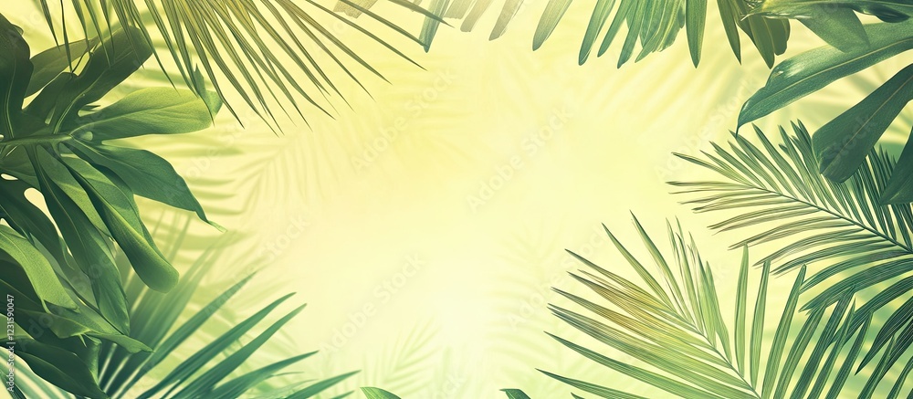 Aufkleber Abstract geometric palm leaf silhouettes of varying sizes create a floral frame on a vibrant yellow and light green background.