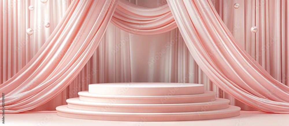 Poster Elegant 3D podium on a soft pink satin backdrop with flowing drapes creating a sophisticated atmosphere in a beautifully styled presentation scene.