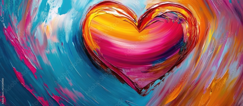 Aufkleber vibrant heart shape in bold orange pink and yellow hues centered on a swirl of blue and turquoise br