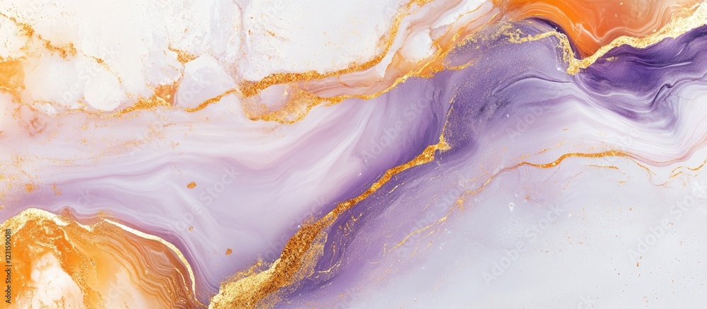 Aufkleber luxurious purple and orange abstract marble texture with iridescent swirls and gold veins on a soft 