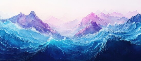 Obraz premium Vibrant ocean waves in shades of blue and purple with distant mountains under a soft pastel sky creating a serene and tranquil landscape.