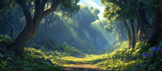 Tranquil forest scene with vibrant green trees and soft morning sunlight creating a peaceful ambiance along a serene path through nature.