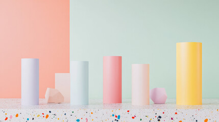 Pastel-colored cylinders and geometric shapes arranged on a terrazzo surface against a peach and mint green backdrop. Minimalist product display.