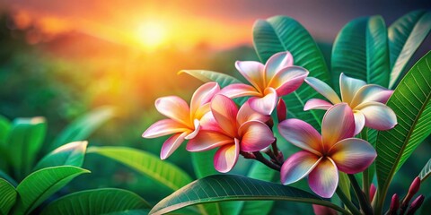 Fototapeta premium Sunset Bloom Delicate Pink and White Tropical Flowers with Lush Green Foliage