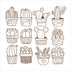 Hand draw set doodle cactus in pots Plants illustration Outline coloring image