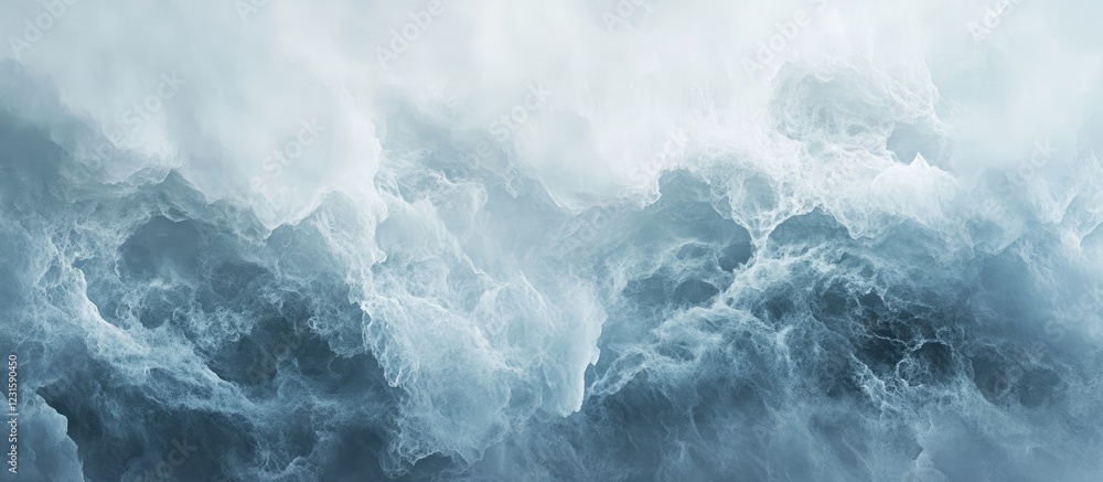 Poster dynamic ocean waves in shades of blue and gray with frothy white crests, capturing the powerful move