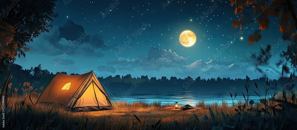 Poster serene camping scene featuring a glowing tent by a calm lake under a full moon with a starry sky and