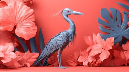 Fototapeta premium A stylized blue heron amidst coral and teal tropical foliage