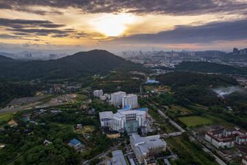 A panoramic view of the city at sunrise