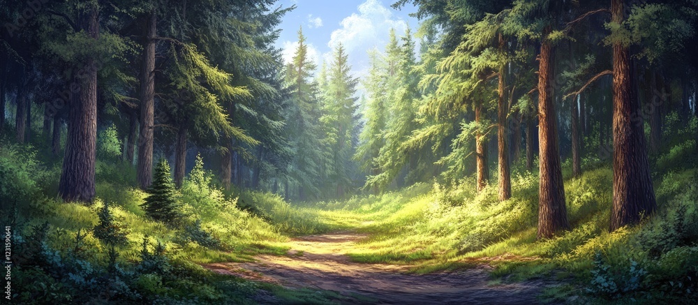 Poster lush green forest scene with dense spruce trees lining a sunlit path under a blue sky showcasing nat