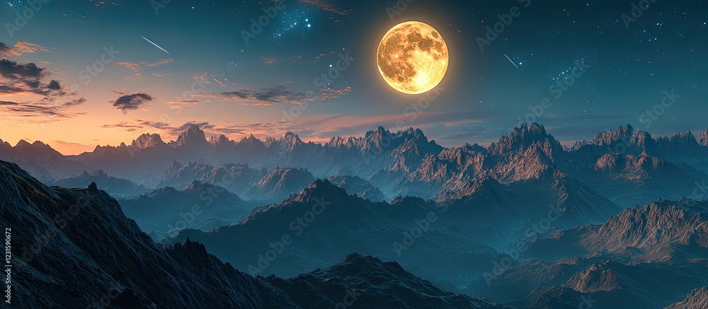 Poster Majestic mountains under a luminous full moon casting a serene glow in the twilight sky with soft blue and orange hues creating a magical ambiance.