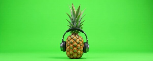 Lone pineapple with headphones, bright against green backdrop, music, tropical fruit