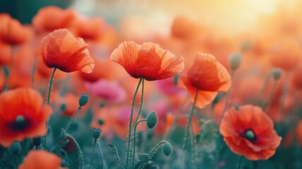 Vibrant poppy flowers in sunlit field, soft-focus background