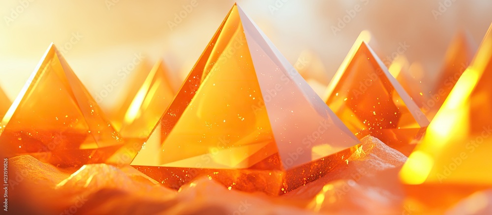 Poster luminous orange pyramids arranged in a staggered formation against a soft warm background creating a