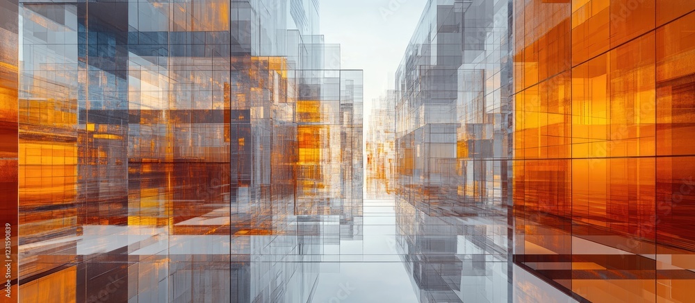 Poster abstract glass structures in orange and transparent hues create a modern corridor illusion with dept