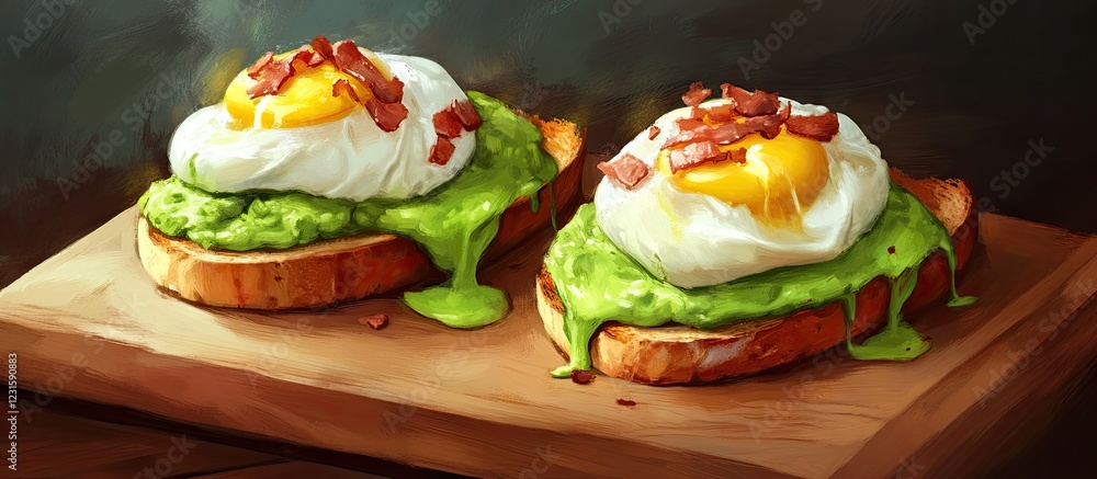 Poster green eggs benedict with two poached eggs and crispy bacon on toasted bread, placed on a wooden boar
