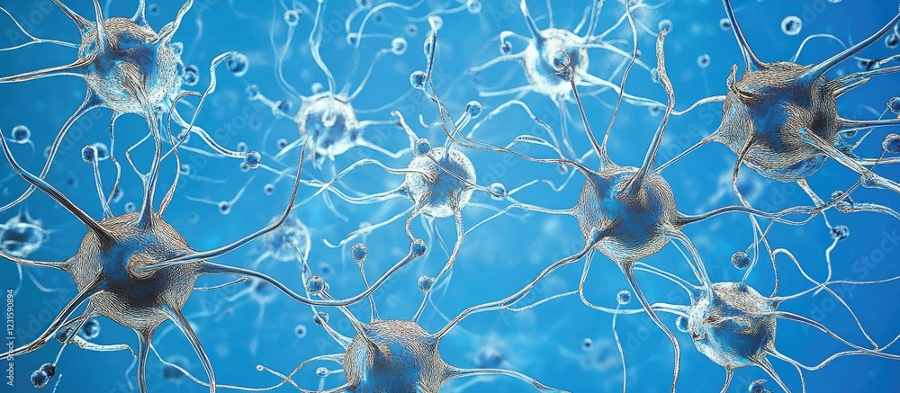 Poster Intricate neural network circuits on a vibrant blue background showcasing detailed connections and modern technology significance in innovation.