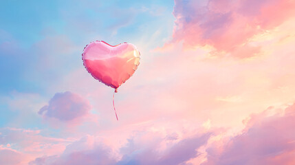 Fototapeta premium A pink heart-shaped balloon floating among colorful clouds at sunset.