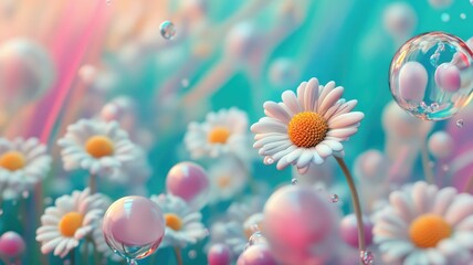 Vibrant daisies and bubbles against colorful abstract background