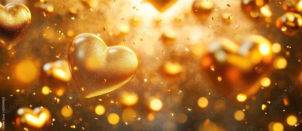 Poster golden hearts and golden spheres suspended in air with sparkling fairy dust particles creating a war