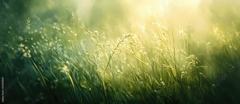 Poster serene blurred green nature background with soft golden light illuminating vibrant grass, evoking tr