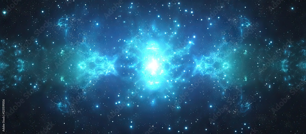 Poster Symmetrical blue kaleidoscope design with glowing patterns and twinkling stars set against a vibrant green nebula backdrop in cosmic space.