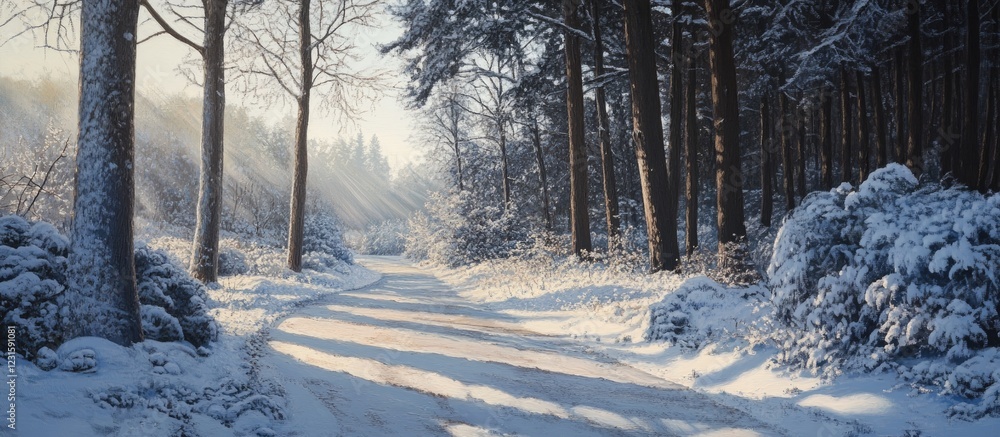 Poster serene winter forest road with soft shadows and sunlight illuminating snow-covered trees showing a p