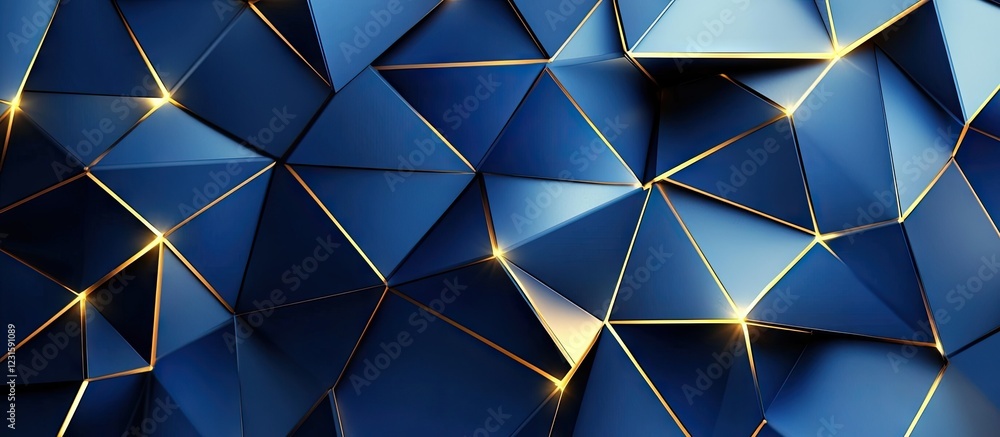 Poster abstract blue and gold geometric pattern with sharp triangular shapes and highlights, creating a mod