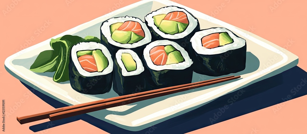 Poster Sushi rolls with fresh avocado and salmon neatly arranged on a white plate against a peach background with chopsticks placed thoughtfullyæ—.