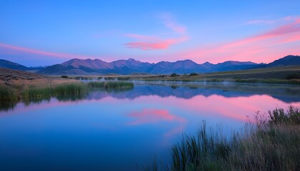 Fototapeta premium Peaceful background of a calm lake reflecting mountains during sunrise, soft pink and blue hues in the sky