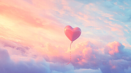 Fototapeta premium A heart-shaped balloon floats serenely in a dreamy colorful sky filled with clouds.