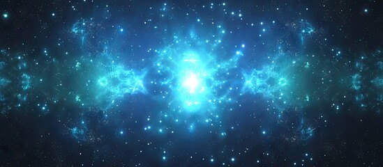 Obraz premium Symmetrical blue kaleidoscope design with glowing patterns and twinkling stars set against a vibrant green nebula backdrop in cosmic space.