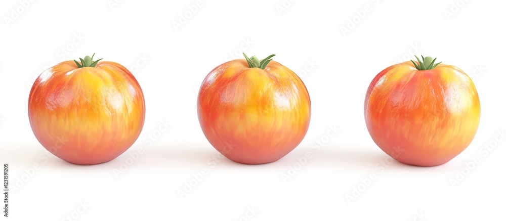 Poster Three realistic 3D tomatoes in a row on a white background showcasing vibrant red and orange hues with detailed textures in a minimalist setting