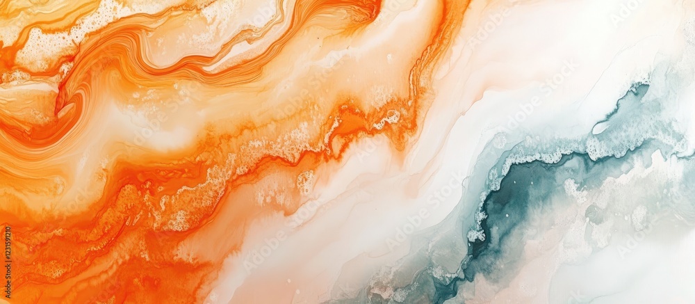 Poster Abstract fluid art showcasing vibrant orange swirls blending into soft teal and white hues, creating a dynamic and harmonious composition.