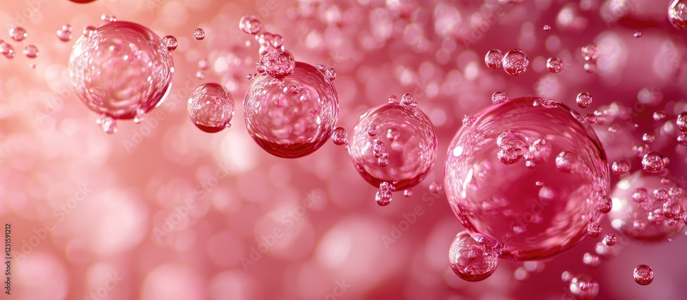 Aufkleber Pink and red abstract background with floating bubbles of various sizes creating a dreamy atmosphere with soft gradients and ethereal light effects.