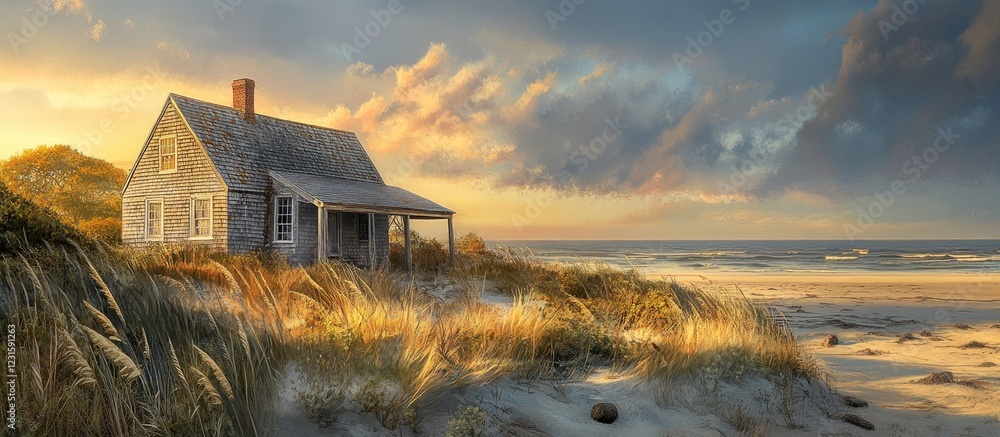 Poster coastal cottage with rustic charm at sunset surrounded by golden grasses and ocean waves reflecting 