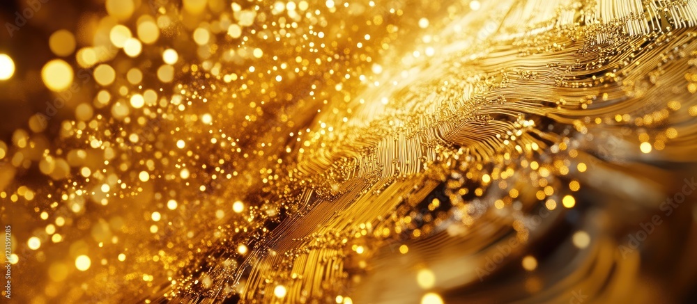 Poster golden abstract background featuring shimmering bokeh lights in warm golden hues with a smooth flowi