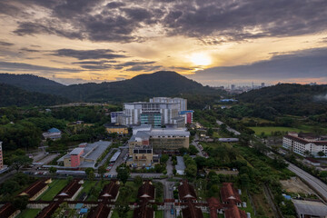 A panoramic view of the city at sunrise