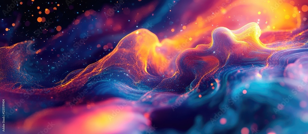 Poster vibrant abstract data space background featuring swirling waves of orange, purple, and blue with a c