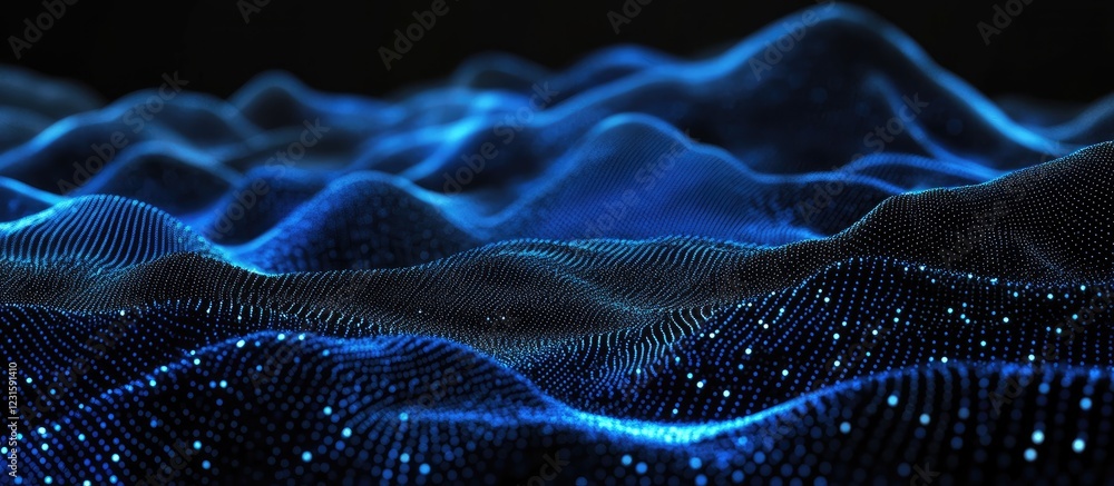 Poster dynamic black and blue abstract wave patterns with glowing dots creating a captivating visual for in