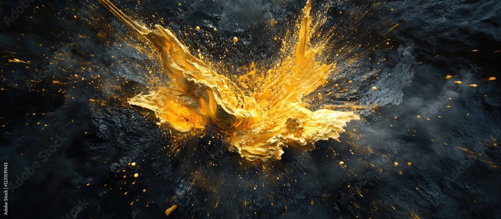 Poster golden splash creating dynamic patterns on a dark background, featuring vivid yellow and orange hues