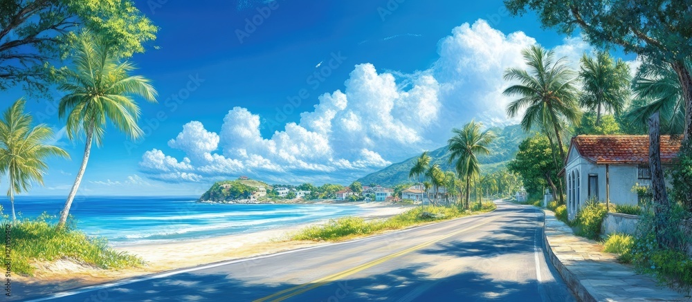 Poster scenic two-lane highway alongside a vibrant blue ocean with white clouds and palm trees under a sunn