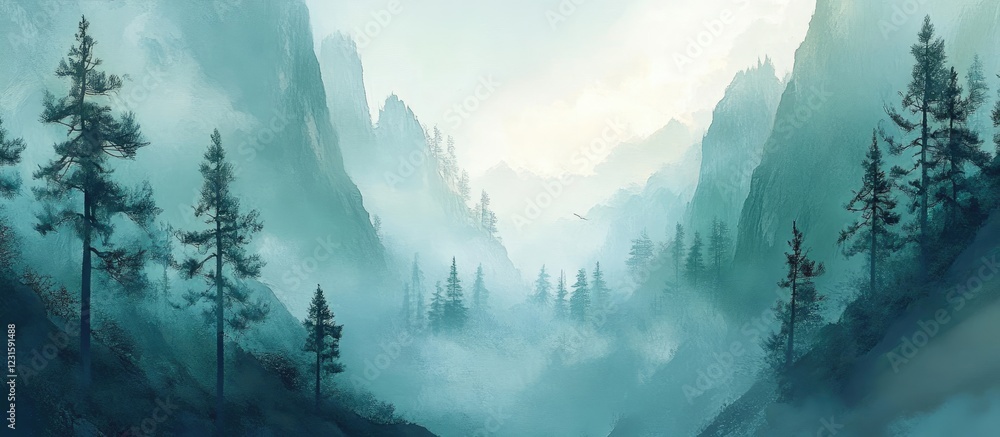 Poster serene misty mountain valley enveloped in soft green and blue hues with towering pine trees creating