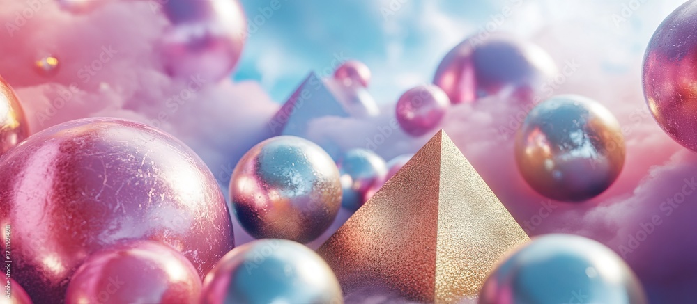 Poster pastel colored spheres and pyramids in a 3d abstract composition amidst soft clouds creating a moder
