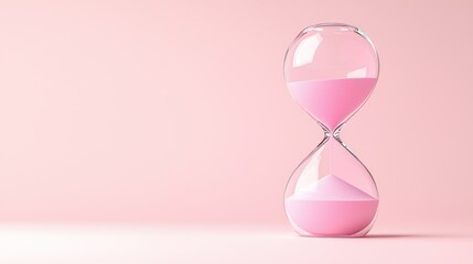 Pink hourglass with sand in motion on a pink background, time concept