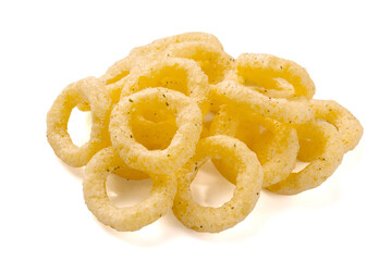 Crispy corn rings, isolated on white background.