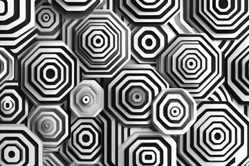 Black and white hexagon pattern design on a tiled floor, creating a geometric and symmetrical composition.